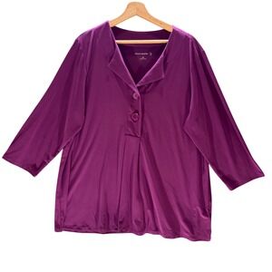 Susan Graver Liquid Knit Tunic Top Button Front 3/4 Sleeve Purple XL NWOT
